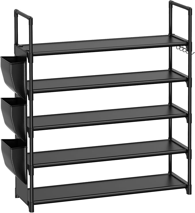 VILICK 5 Tier Shoe Rack with Hook and Side Pocket,Shoe Organizer Space Saver Storage for 20-25 Pair Shoe Storage Shelf Sturdy Free Standing Long Shoe Rack Organizer for Closet,Entryway,Small Spaces