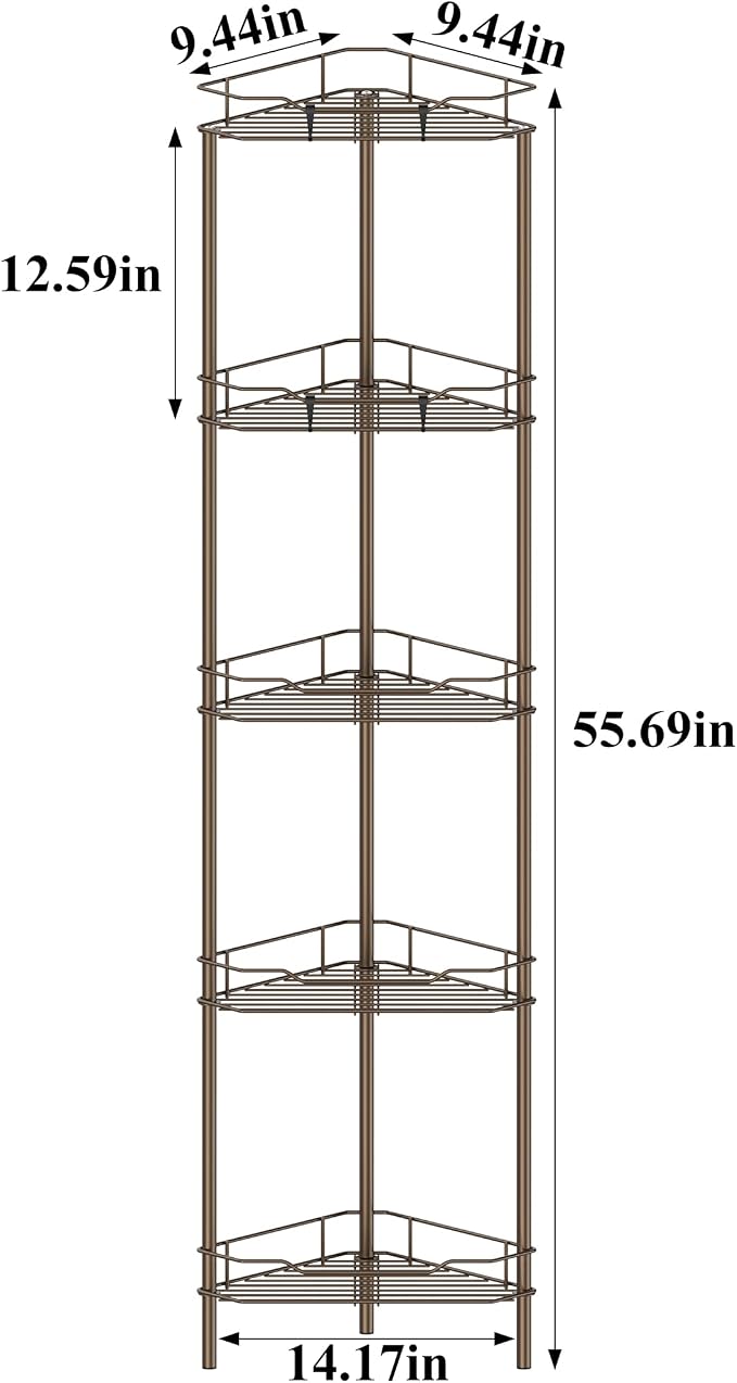HuggieGems 5 Tier Floor Standing Corner Shower Caddy Organizer Shelf with Hooks, Bathroom Shelves Stand Rack, Bronze