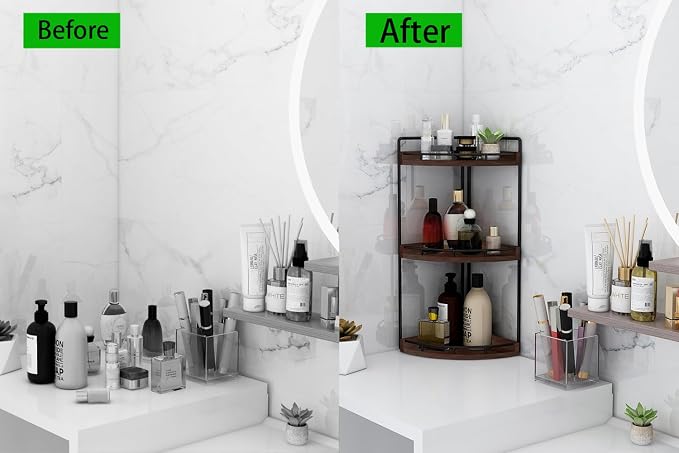 Dorhors Corner Bathroom Organizer Countertop,Vanity Counter Storage Shelf | 3 Tier Walnut Stand Rack Holder for Kitchen,Dresser,Restroom,Wood Bathroom Sink Tray for Makeup,Perfume,Skincare,Lotion