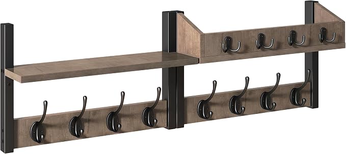 YMYNY 31.5" Coat and Key Rack Wall Mount with Shelf, Silver Gray, HWS007Y-2 | 4-in-1 Coat and Key Hanger with 12 Metal Hooks, Entryway Wall Shelf with Hooks & Mail Holder for Living Room, Bedroom