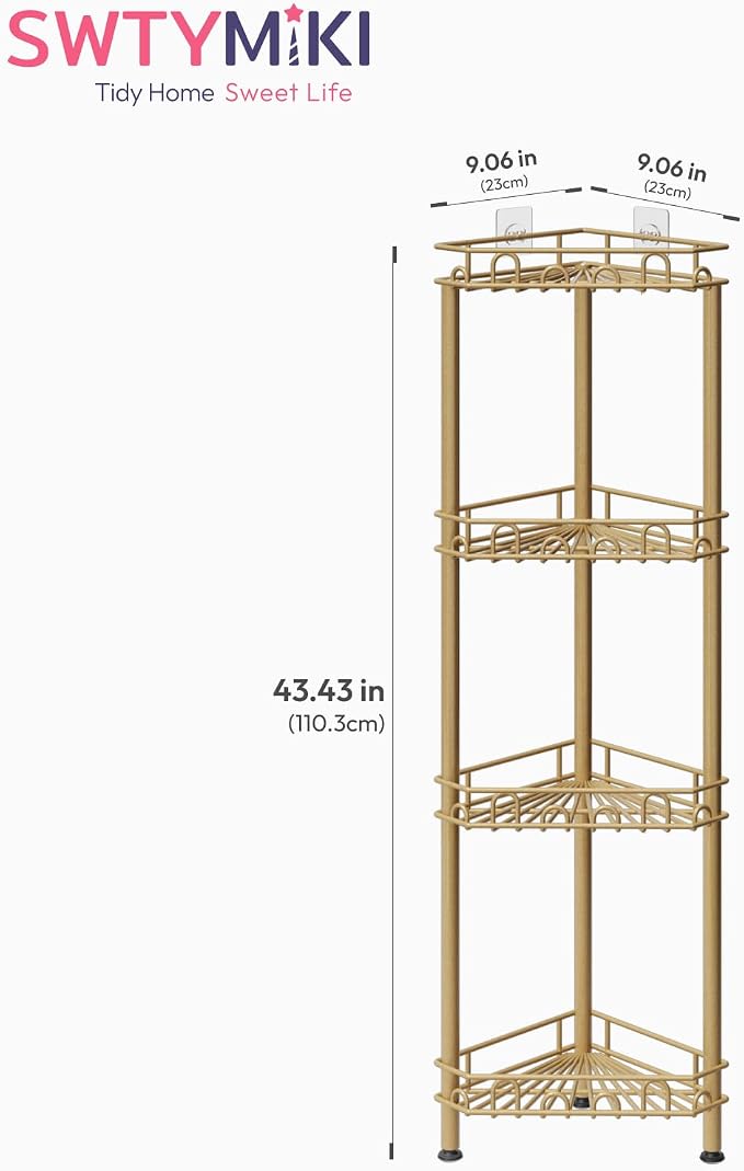 SWTYMIKI Standing Shower Caddy Corner - 4‑Tier Stainless Steel Shower Organizer Shelf with 12 Hooks and Adhesive Pads, Rustproof Corner Shelves Stand Rack for Bathroom Shower Room, Gold
