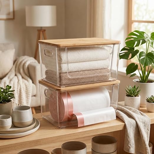 Trash Bag Holder 2 Pack, Stackable Garbage Bag Dispenser with Bamboo Lid, Extra Large Trashbag Dispenser for 13/30/33 Gallon Bags, Clear Organizer for Under Sink Kitchen Laundry Room