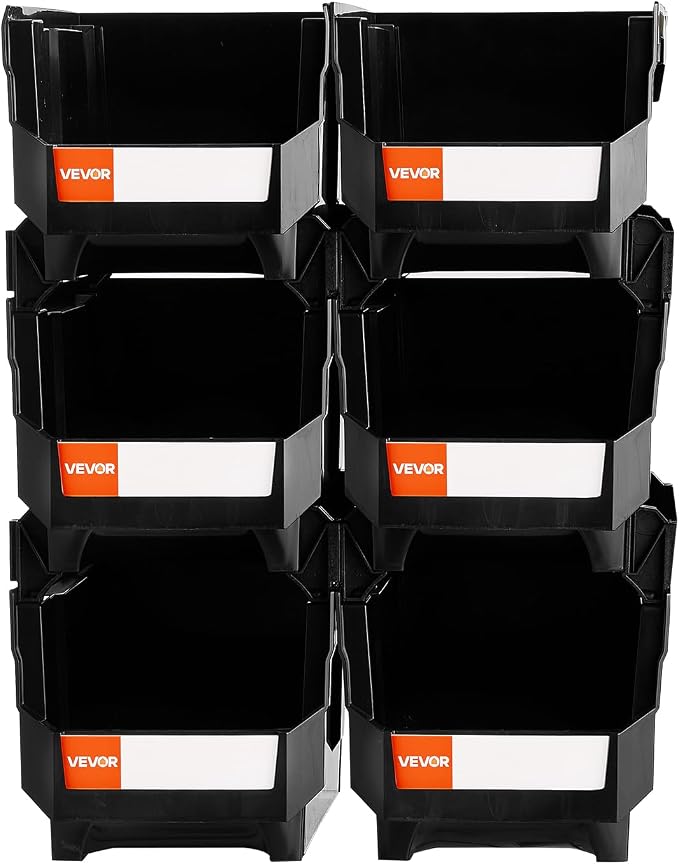 VEVOR Plastic Stackable Storage Bins, 14.8 x 8.5 x 7.1 inch (6 Pack), Plastic Containers for Organizing and Storage Bins for Closet, Garage, Small Parts, Office Supplies and Other Accessories, Black