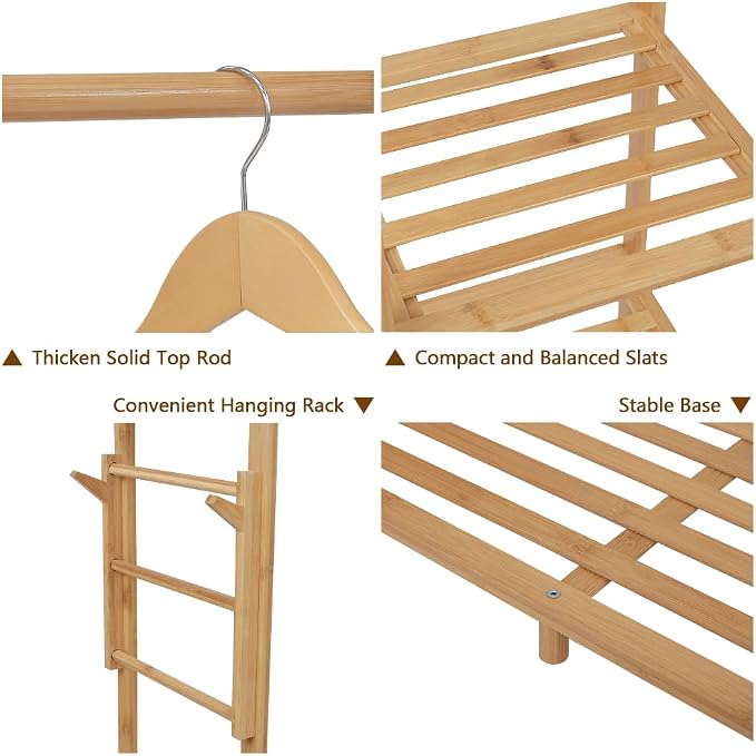 Ufine Bamboo Garment Rack with 6 Tier Storage Shelves & Hanging Rod | Heavy Duty Clothes Hanging Stand with Side Hooks, Portable Wardrobe Closet Organizer