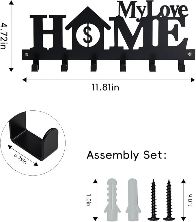 Key Holder Wall Mounted with Screws and Anchors, Black Multifunctional Key Hanger with 6 Hooks, Entryway Front Door Kitchen Hallway Garage Office