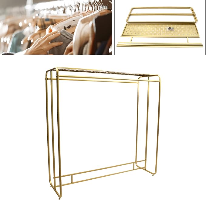 Gold Clothing Rack Heavy Duty, Metal Garment Rack with Top Shelf, Dual-bar Clothes Rack for Retail Display, Home Use