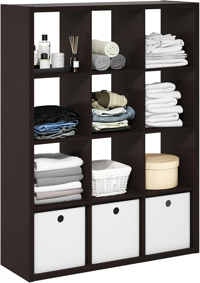 12-Cube Cubicle Bookshelf, Cube Bookcase with Open Back, Reversible Book Shelf, Cube Storage Organizer, 15 x 44 x 58, for Living Room, Home Office, Dark Oak
