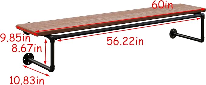 Clothes Rack 60in, Wall Mounted Garment Racks with Real Wood Shelf, Heavy Duty Hanging Clothes Rack, Multi-Purpose Hanging Rod, Space-Saving Closet Storage