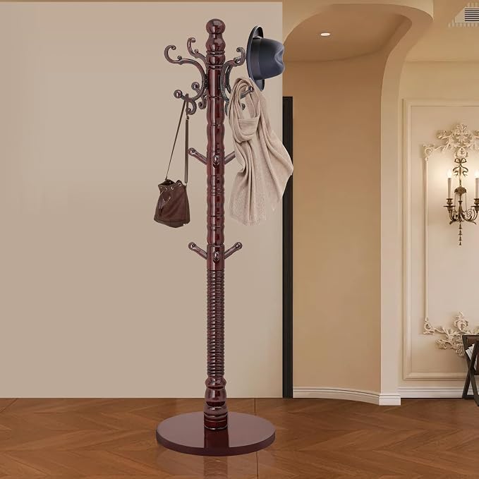 Wood Coat Rack Stand, Vintage Wooden Coat Rack Freestanding with Sturdy Round Base,Classic Coat Racks with 14 Hooks, Natural Birch Wood Standing Coat for Entryway (Vintage Round chassis)