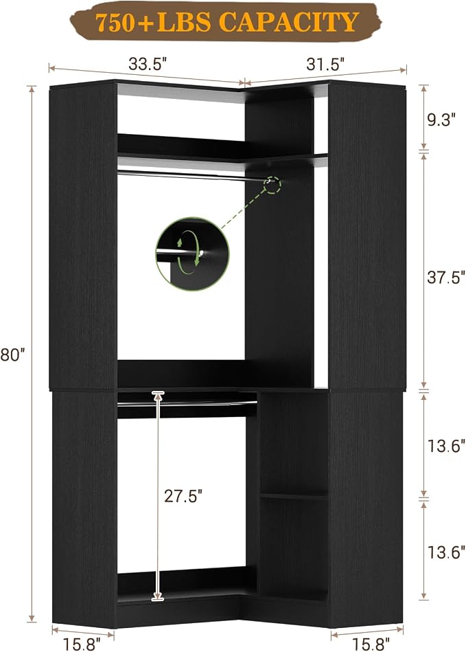 Aheaplus Corner Closet System with Shelves, Closet Organizer System with Hanging Rods, Wood Walk-in Closets for Corner Small Space, L Shaped Garment Rack, -B3, Black