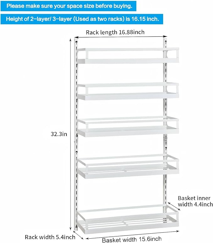 X-cosrack Wall Mount Spice Rack Organizer 5 Tier Height-Adjustable Hanging Spice Shelf Storage for Kitchen Pantry Cabinet Door, Dual-Use Seasoning Holder Rack with Hooks, White