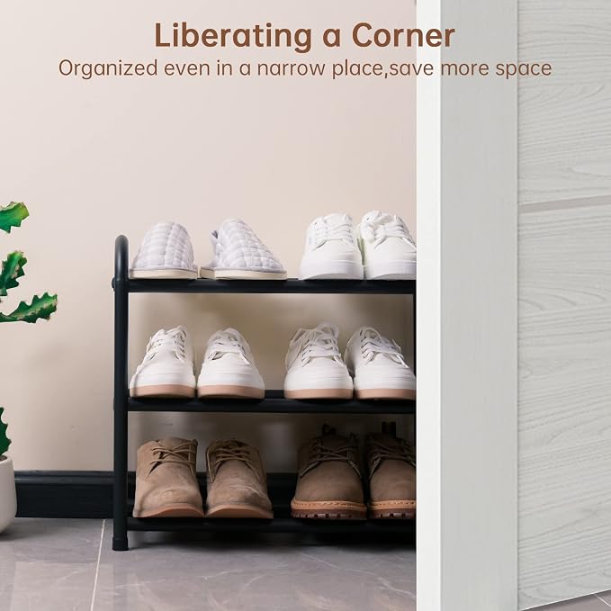 Gonfoam Expandable 3-Tier Shoe Rack for Closet and Entryway, Black | Tool-Free Assembly, Metal Material, Adjustable Shoe Organizer, Sturdy, Small Space Solution, Dorms, Garages, Apartments.