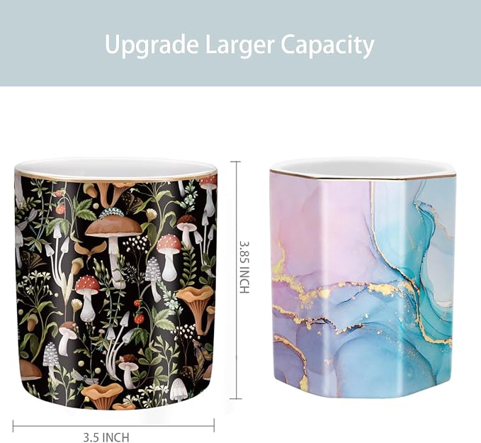 Pen Pencil Holder for Desk, Ceramic Pen Cup Cute Makeup Brush Holder, Unique Desk Multifunctional Pens Organizer for Home, Office, Mushrooms Pattern