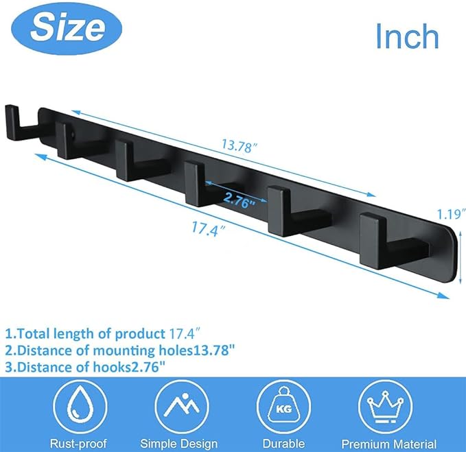 Coat Rack, Heavy Duty Stainless Steel 6 Tri Coat Hook Hanger, Wall Mounted Storage Wall Hooks, Rustic Clothes Hook/Key Hook Rail for Bathroom Kitchen Entryway(6 Hook Black)