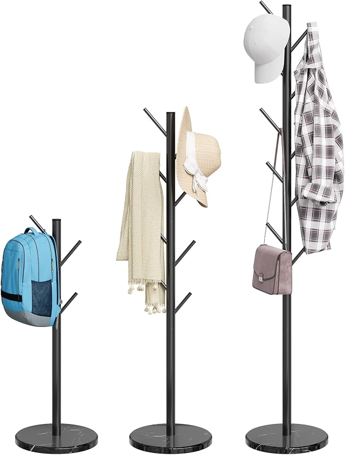 ELYKEN Coat Rack Freestanding, Metal Coat Rack with Natural Marble Base | 10 Hooks, 3 Adjustable Heights, Heavy Duty Coat Tree for Entryway, Hallway, Bedroom, Office, Black