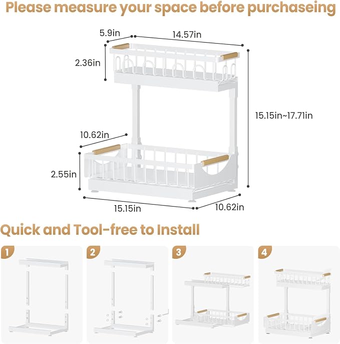 Under Sink Organizer and Storage 2 Tier Cabinet Pull Out Shelf Organizers | 2 Pack 2 Tier under sink storage for Bathroom and Kitchen Slide Out Drawer Organization for Home Cabinets Shelves and Drawers