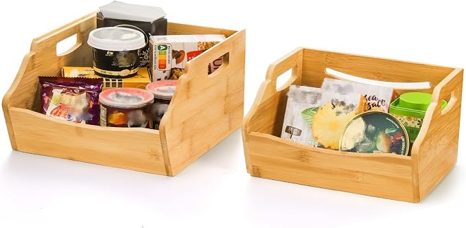 Cididu 2 Pack Bamboo Stackable Storage Bin, Countertop Open Front Stacking Bins, 2 Tier Organize Basket Box with Handle, Food Fruit Container for Cabinet, Kitchen, Studio, Office