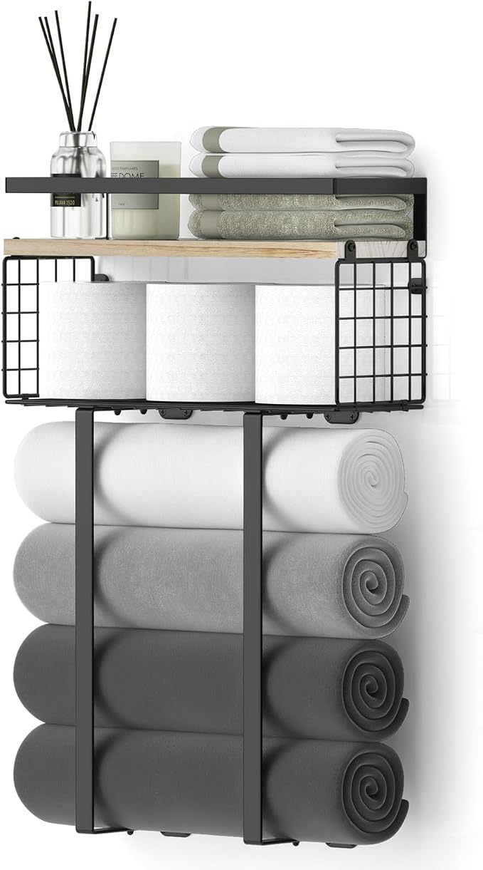Xstydes Towel Racks for Bathroom, Metal Towel Holder with Storage Basket,Wall Towel Rack for Rolled Towels, Towel Storage for Small Bathroom.