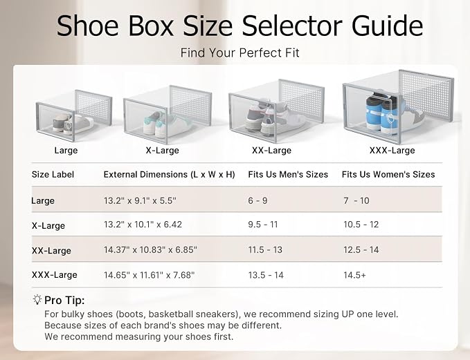 Kuject XX-Large Shoe Storage Boxes 12 Pack, Clear Stackable Shoe Organizer | Shoe Case for Closet, Entryway & Under-Bed Storage, Drop-Front Design, Space-Saving Solution for Family Organization,Grey