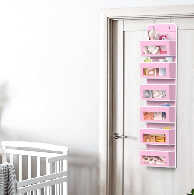 Simple Houseware 6 Clear Window Pocket Over Door Hanging Organizer, Pink | Over the Door Storage for Closet, Bedroom, Bathroom, Pantry