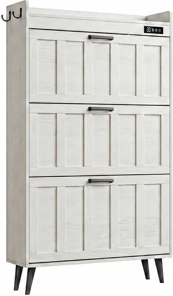 ChooChoo Shoe Storage Cabinet with 3 Flip Drawers and Deodorizer | Shoe Organizer Storage for Entryway, Freestanding Hidden Slim Narrow Shoe Rack Cabinet, Antique White