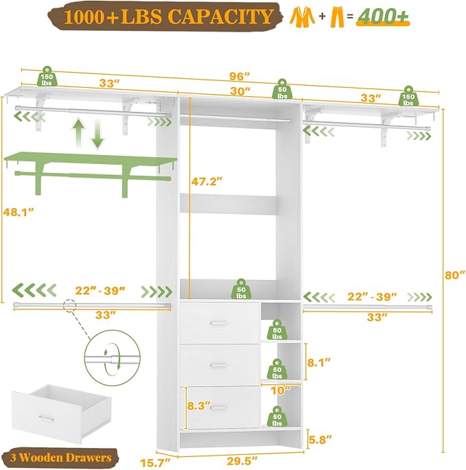 Aheaplus Closet System, Closet Organizer with 3 Wooden Drawers, 8FT Closet Organizer System, 96’’ Walk-in Closet Wardrobe Clothes Rack with Hanging Rods, Garment Rack, Fits 5.3-9 ft, -W3,White