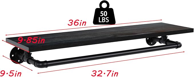 Black Clothes Rack 36in, Wall Mounted Garment Rack with Black Real Wood Shelf, Heavy Duty Hanging Clothes Rack, Multi-Purpose Hanging Rod, Space-Saving Closet Storage