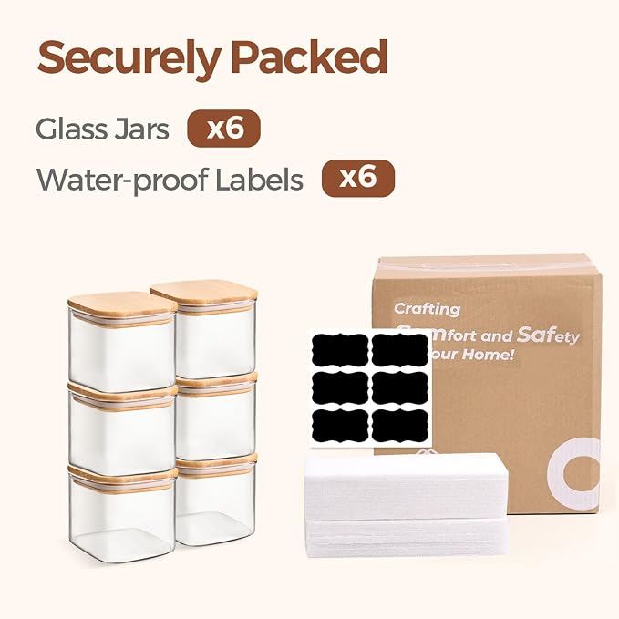 ComSaf Square Glass Containers With Lids 0.6 Qt, Set of 6 Small Galss Jars | Small Glass Canisters, Spice Jar, Pantry Organization, Snack, Cookie, Coffee Bar Organization, Size For Subpackage, BPA Free