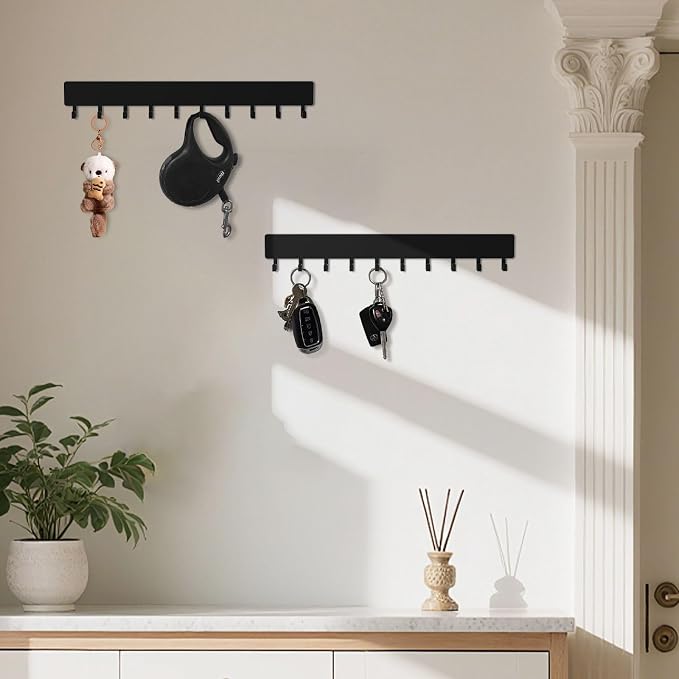 Key Holder Wall Mount,14in with 10 Hooks,Black Metal Key Hanger for Car Key Ring,Suitable for Entrances/Door/Living Rooms/Kitchen/Offices(2 Sets)