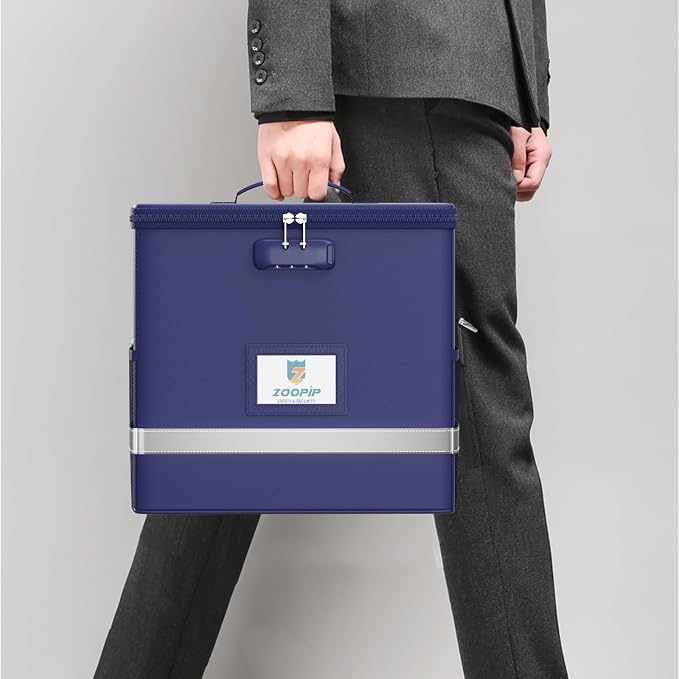 Fireproof File Box with Lock, Collapsible Document Organizer, Blue | Suitable for Hanging Folders in Letter Size, Reflective Strip for Fast Find, Home Office Safe Protection,12.2"x6"x10.2"