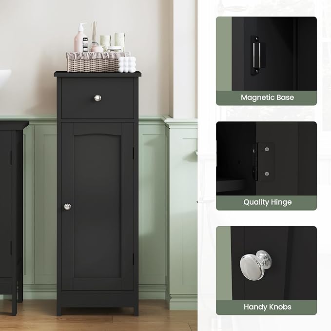 Iwell Bathroom Storage Cabinet, Small Bathroom Floor Cabinet with Drawer & Storage Shelf, Free-Standing Organizer Cabinets for Hallway/Living Room, Black
