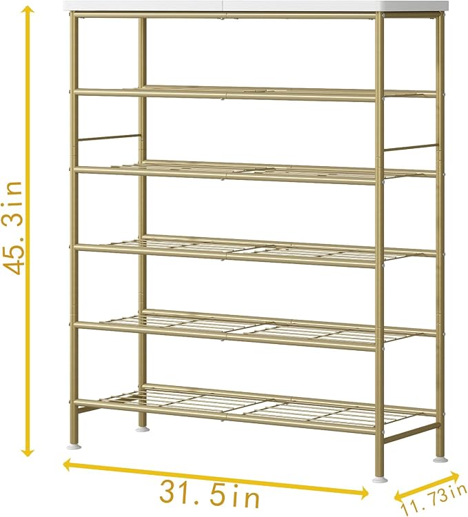 SUOERNUO 6 Tier Shoe Rack Organizer for Closet Shoe Storage for Entryway | Free Standing with MDF Top Board,Sturdy Metal Frame,Ideal for Living Room,Hallway Gold