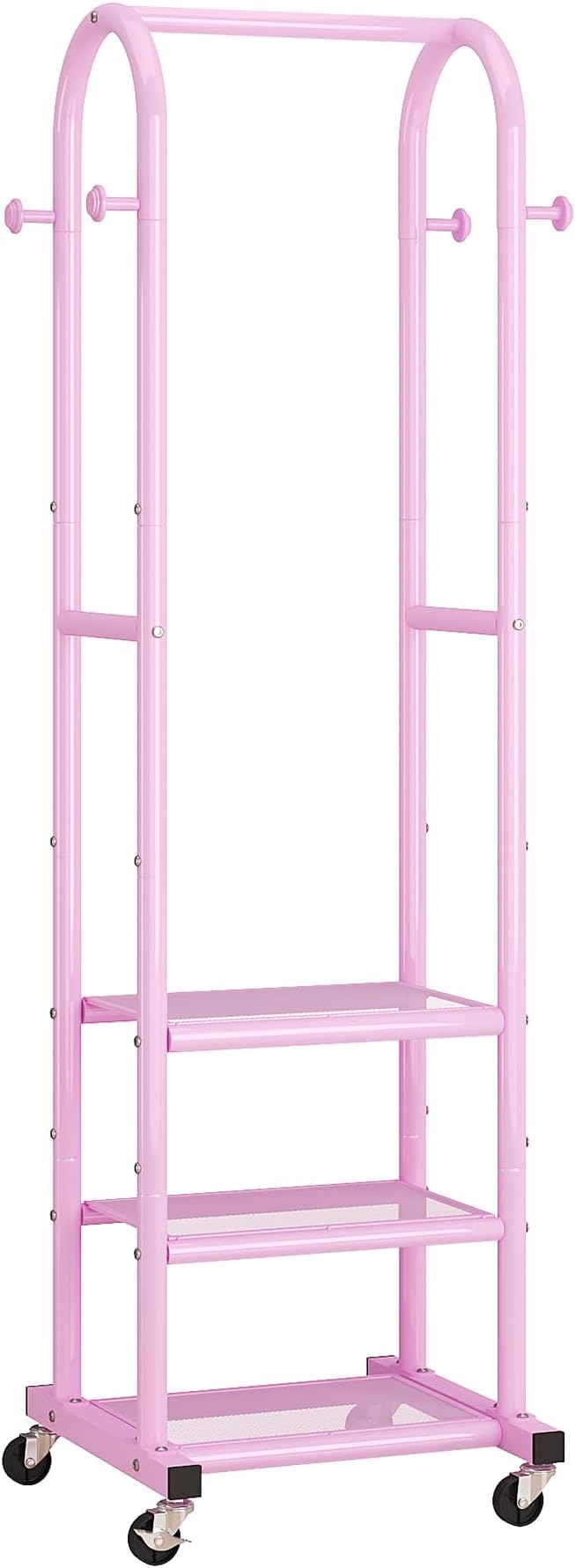 Dttwacoyh Clothing Rack with Wheels,Narrow Metal Garment Rack,Pink | Easy to install, 71.8 Inches Display Rack with 4 Side Hooks & 3 Shelves,for Small Flats, Bedroom, Entryway,Pink Clothes Rack