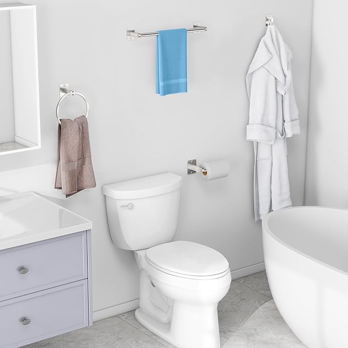 KLJKPA Brushed Nickel Bathroom Accessories Set, 4 PCS Bathroom Hardware Set | 16 inch Towel Bar, Towel Racks for Bathroom, Robe Towel Hooks, Toilet Paper Holder Wall Mounted