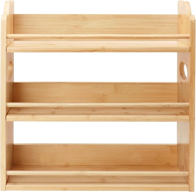 3 Tier Bamboo Spice Rack, Spice Rack Organizer, Seasoning Jars Rack Shelf Spice Organizer for Kitchen Counter or Wall Mounting, Spice Storage Holder with handles, Jars Not Included,Natural