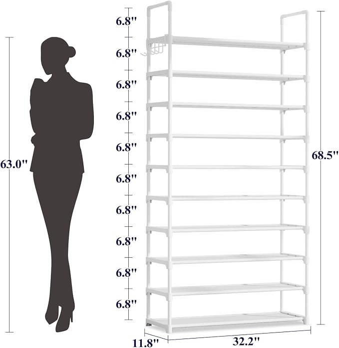 Kitsure 10 Tier Shoe Rack, Tall Shoe Organizer, 32.2" Wide, White | Large-Capacity Shoe Storage with Hooks, Shoe Shelf for Closet, Entryway, Bedroom, Living Room, Zapateras Organizer