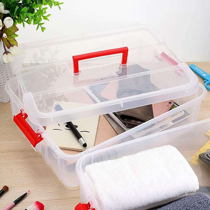 JUXYES 2-Tiers Plastic Stack Carry Storage Containers Box wih Handle Lids | Clear Stackable Latching Craft Storage Bin for School Office, Organizing Stationery, Sewing, Art Craft, DIY Supplies, Red