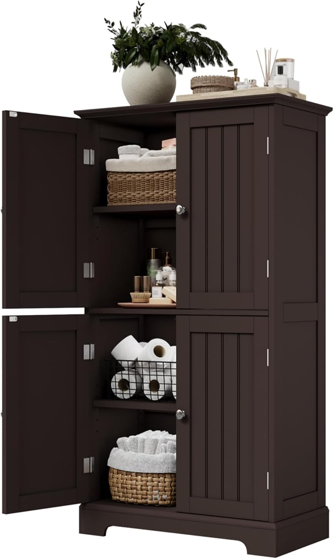 ChooChoo Bathroom Floor Cabinet with Adjustable Shelves | Bathroom Storage Cabinet, 4 Doors, Freestanding Cupboard for Living Room, Espresso