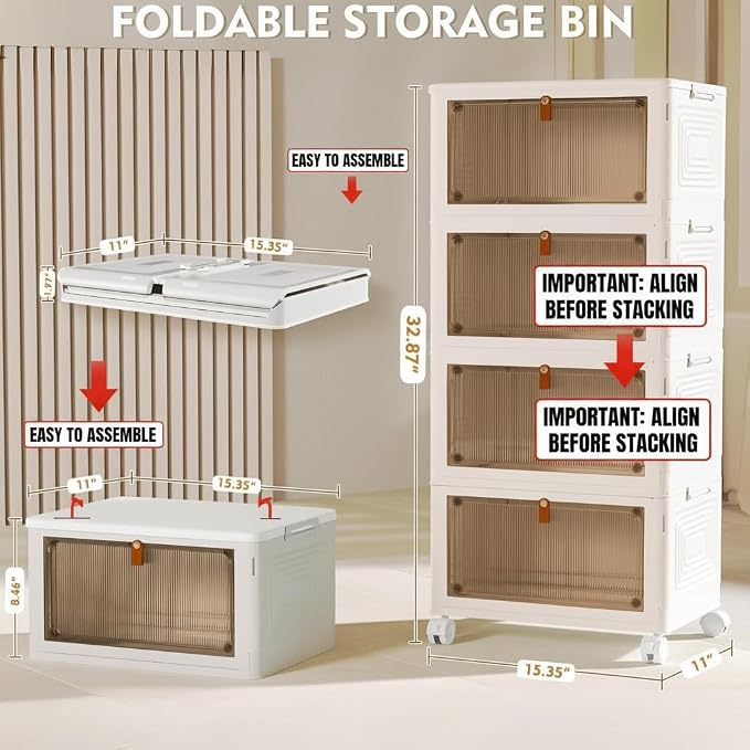 YFXCVSL 4 Tier Plastic Storage Bins with Lid 23QT, Stackable Storage Bins | Plastic Storage Bins with Wheels, Folding Storage Boxes, Organizers and Storage for Living Room,Office,Dorm