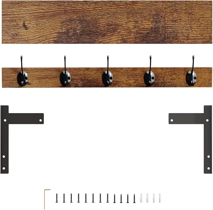 Coat Rack with Wall Mount, 23 Inch Long Entryway Wall Shelf with Hooks, Wood Hanger with Storage Shelf for Bathroom, Hallway, Rustic Brown