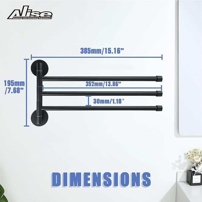 Alise 3 Arm Swivel Towel Rack, Matte Black Swivel Out Towel Bar, 13.9 Inch | Space Saving Swing Arm Towel Rack for Bathroom Kitchen Outdoor, 180° Rotating, SUS304 Stainless Steel