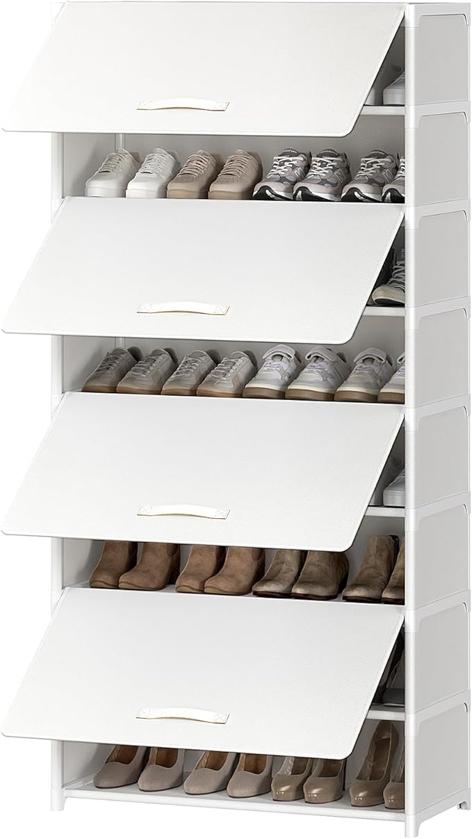 9 Tier Shoe Cabinet with Door, 36-Pair Storage, White | Max capacity for large families. Door prevents dust & pet damage. Holds all shoe types. Easy connector assembly.
