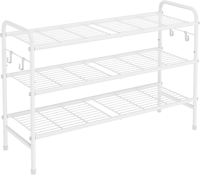 VILICK 3 Tier Shoe Rack 33" Wide Metal Shoe Organizer Long Shoe Storage with 4 Side Hooks Sturdy Shoes Shelf for Front Door Entrance, Closet, Garage, Dorm, White