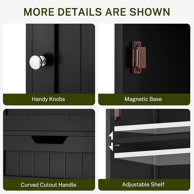67" H Tall Storage Cabinet with 2 Doors and 1 Drawer, Narrow Black Cabinet with Adjustable Shelves, for Bathroom, Living Room, Entryway, Kitchen, Black