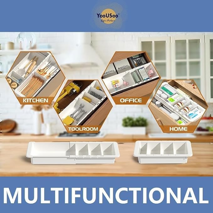 2 PCS Sliding Drawer Tray with Adjustable Dividers | Expandable Kitchen Storage Organizer, Sliding Drawer Bin, Expandable Drawer Organizer Trays For Utensils, Flatware, Junks