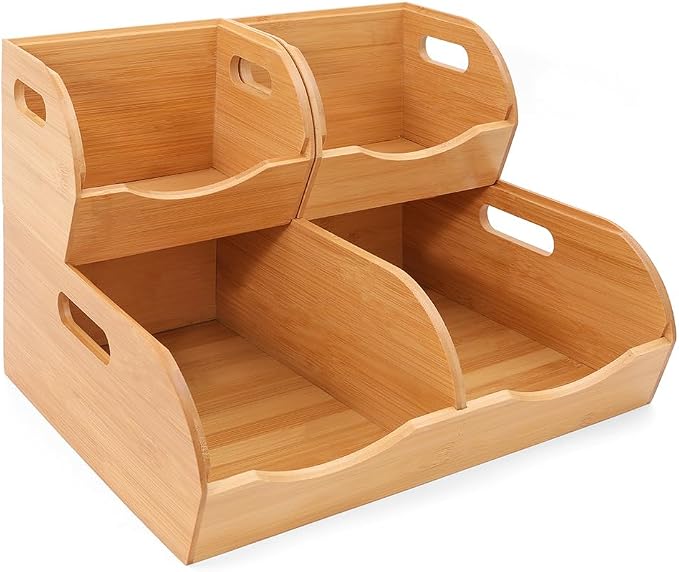Stackable Bamboo Pantry Organizer - 3-Piece Storage Basket Set for Potato, Onion & Kitchen Cabinet, Tool-Free Assembly, Multi-Size Bins