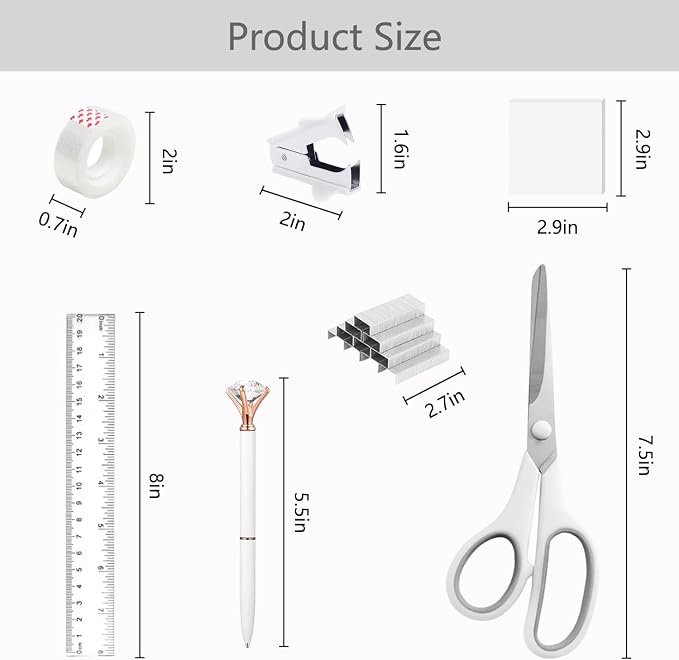 Office Supplies,School Supplies,White Desk Accessories,Desk Organizer,Scissors,Stapler,Tape Dispenser,Binder Clips,Staples,Staple Remover,Sticky Notes,Clear Tape,Pen,Ruler,Best Gift,11pcs