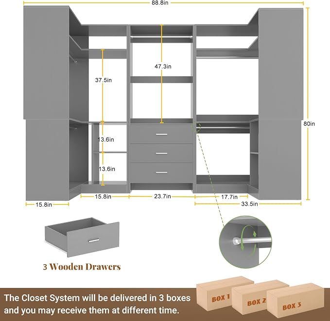 Aheaplus Closet System with 3 Drawers, 5 Hanging Rods & Corner Tower, Corner Closet System with Hanging, 88.8" U-Shaped Walk-In Wardrobe Organizer, 2000+ lbs Capacity, Set of 3,Grey
