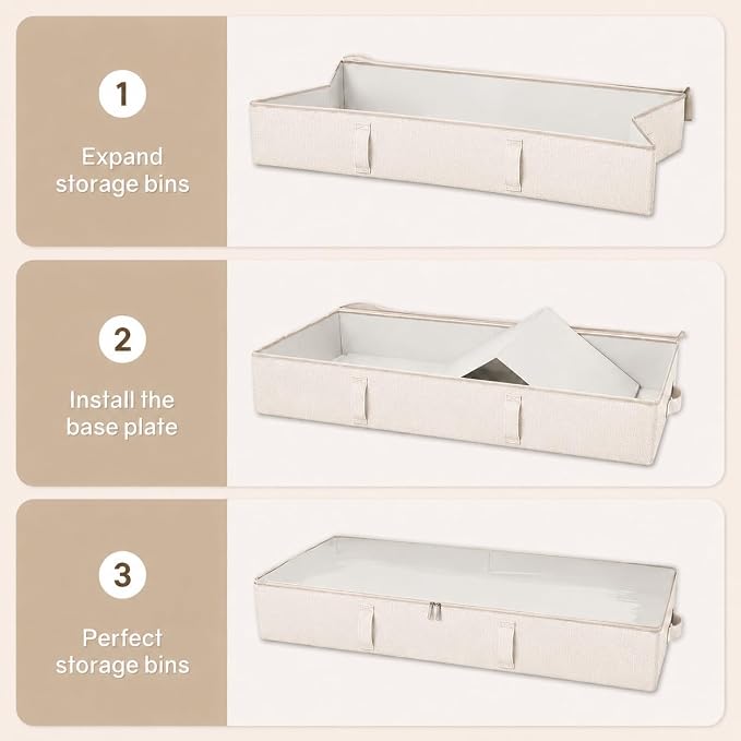 Vailando Side-Supported Under Bed Storage Containers, 6 Inches Tall 60L Underbed Storage Bins with Sturdy Handles and Sidewalls, Closet Organizer for Clothes, Blankets, Seasonal Items, Beige, 2-Pack