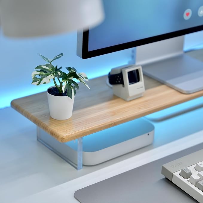 Bamboo Monitor Stand, Desk Shelf with Acrylic Legs and RGB Lights | 31.5-Inch Wide, 3.3-Inch Clearance, Fits Monitor, Laptop, Printer and Speakers for Small Desks